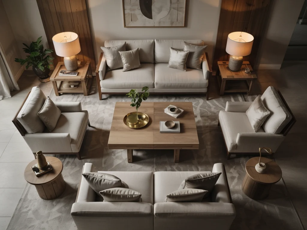 Symmetrical living room layout with coordinated luxury living room furniture including sofas, armchairs, and wooden tables.