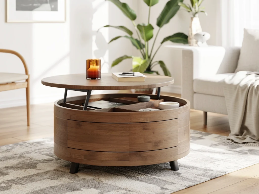 wooden round coffee table with built-in hidden storage