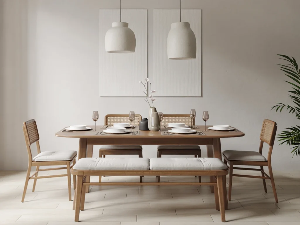 Comfortable cushioned bench with modern dining setup and warm decor