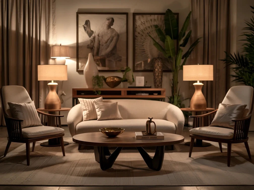 Cozy interior showcasing luxury living room furniture with soft lighting, wood accents, and modern decor.