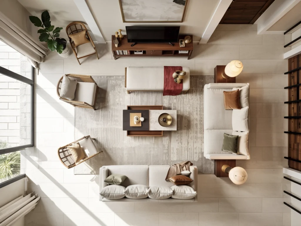 Top-down view of a living room with well-arranged luxury living room furniture creating a balanced and functional layout.
