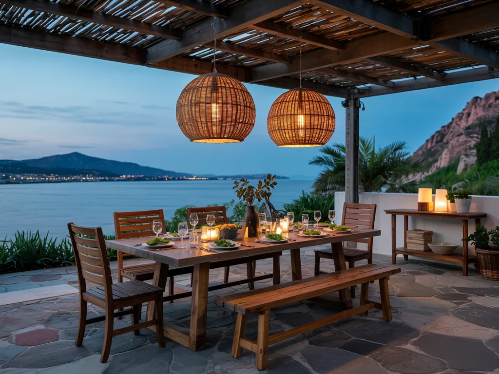 Dinner party scene with a bench offering flexible seating for extra guests