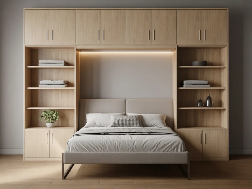 Murphy bed with built-in shelves and overhead storage in a cozy modern room