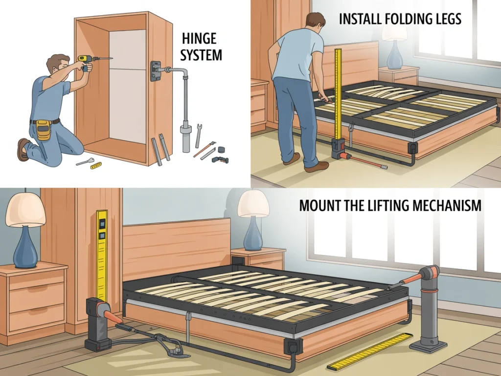 Installing Murphy bed hardware kit with hinges, gas pistons, and foldable legs