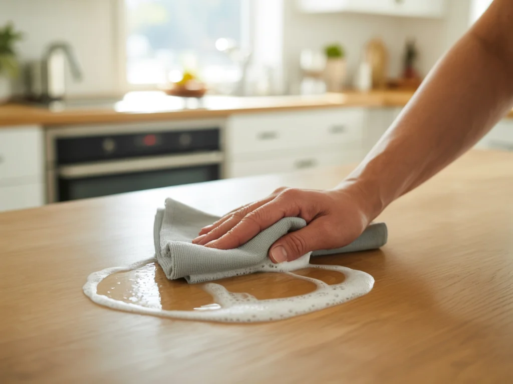 Hand wiping oak kitchen countertop during maintenance cleaning