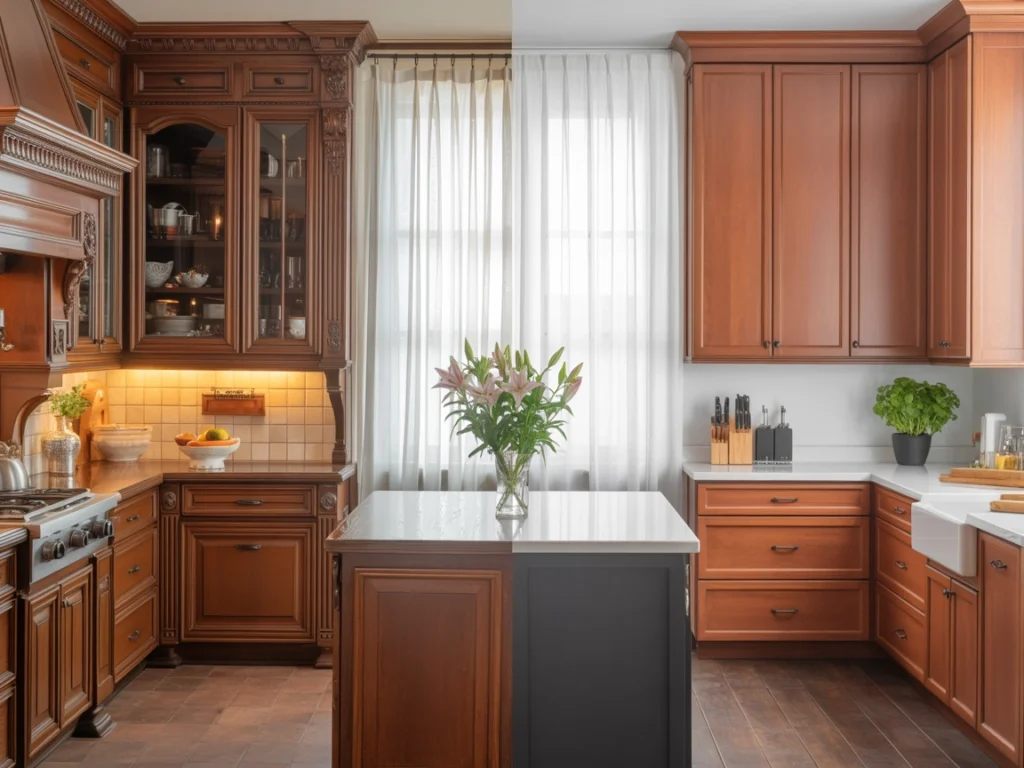 Cherry wood kitchen cabinets shown in both traditional and modern settings, highlighting their timeless appeal in 2025 home design.