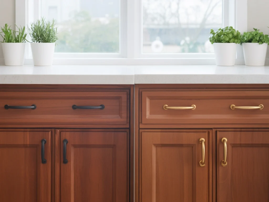 Side-by-side cherry cabinets with matte black and brushed gold hardware, showing contrast and style impact in a modern kitchen.”