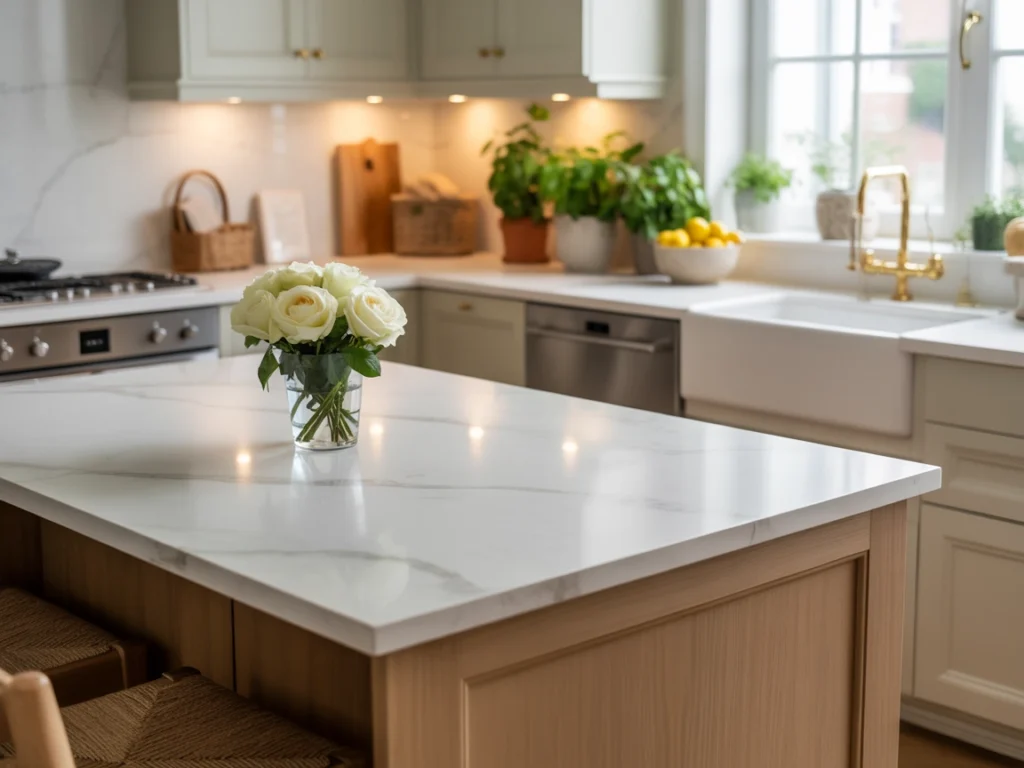 Elegant kitchen with white oak cabinets, gold faucet, and white countertops with fresh flowers