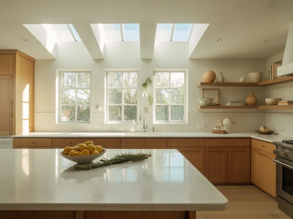 Bright white oak kitchen with skylights and floating shelves, showcasing airy natural wood cabinets