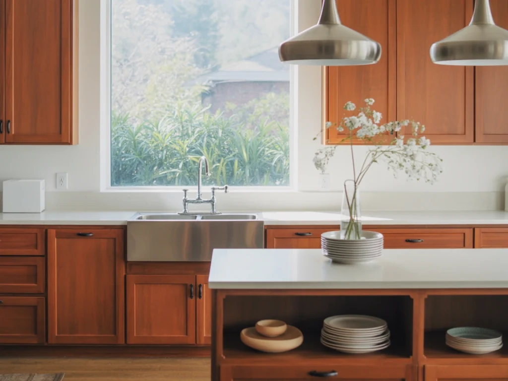 Cherry cabinets modernized with black hardware, white counters, and minimalist accents while preserving their natural charm.