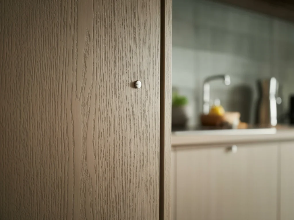 Close-up of white oak kitchen cabinet door highlighting natural grain and smooth matte finish.