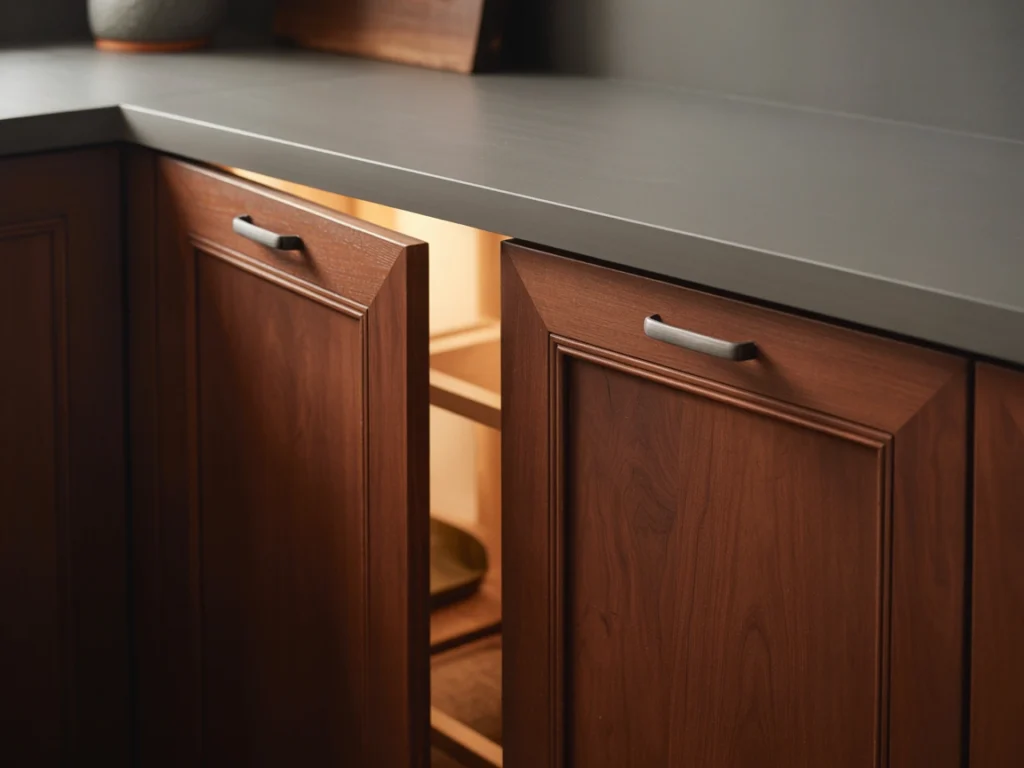 Dark cherry wood kitchen cabinets with visible grain and deep reddish hues, highlighted by soft lighting and a modern, elegant design.