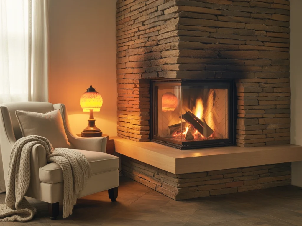 rustic corner fireplace with wood mantel in cozy living room