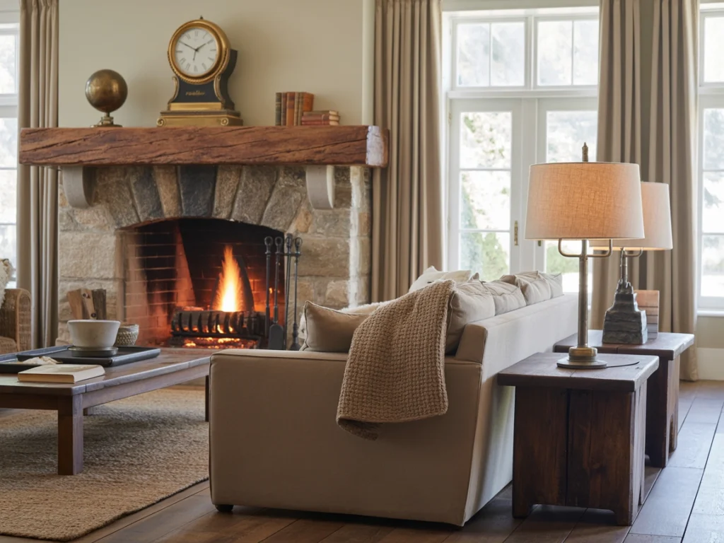 living room with wooden furniture and rustic fireplace deco