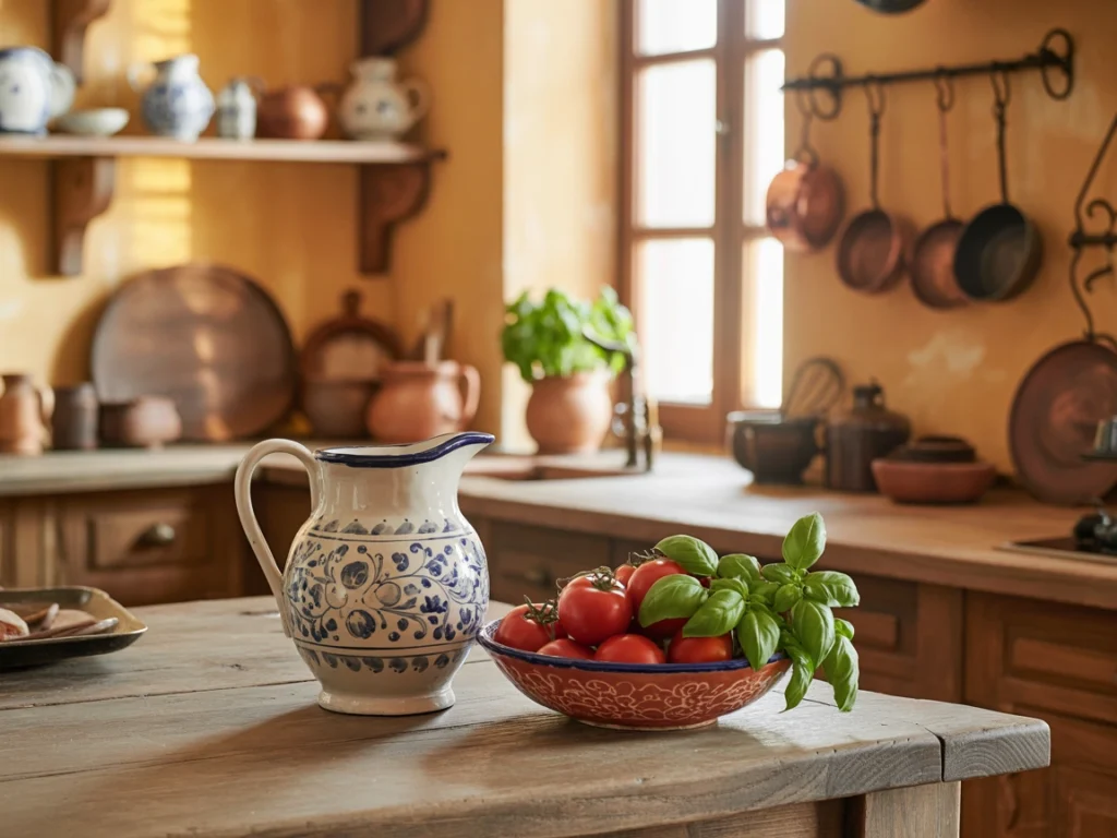 "Italian-style kitchen with ceramics, warm paint, and vintage decor"
