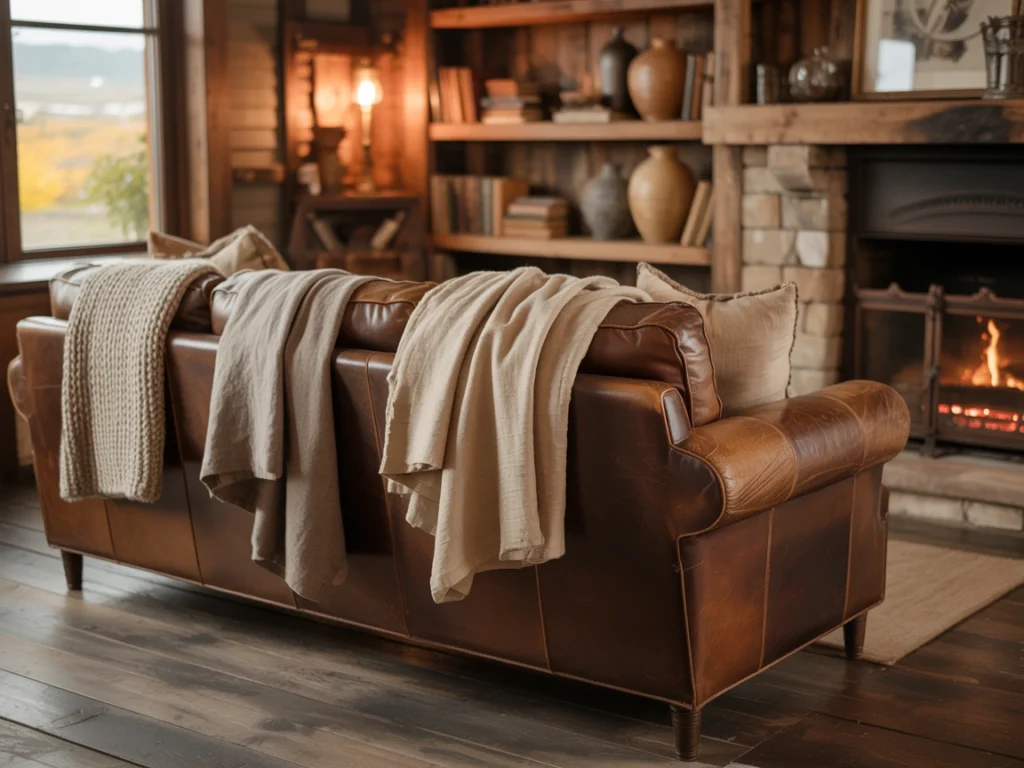 rustic stone fireplace and vintage wood furniture in cozy living room