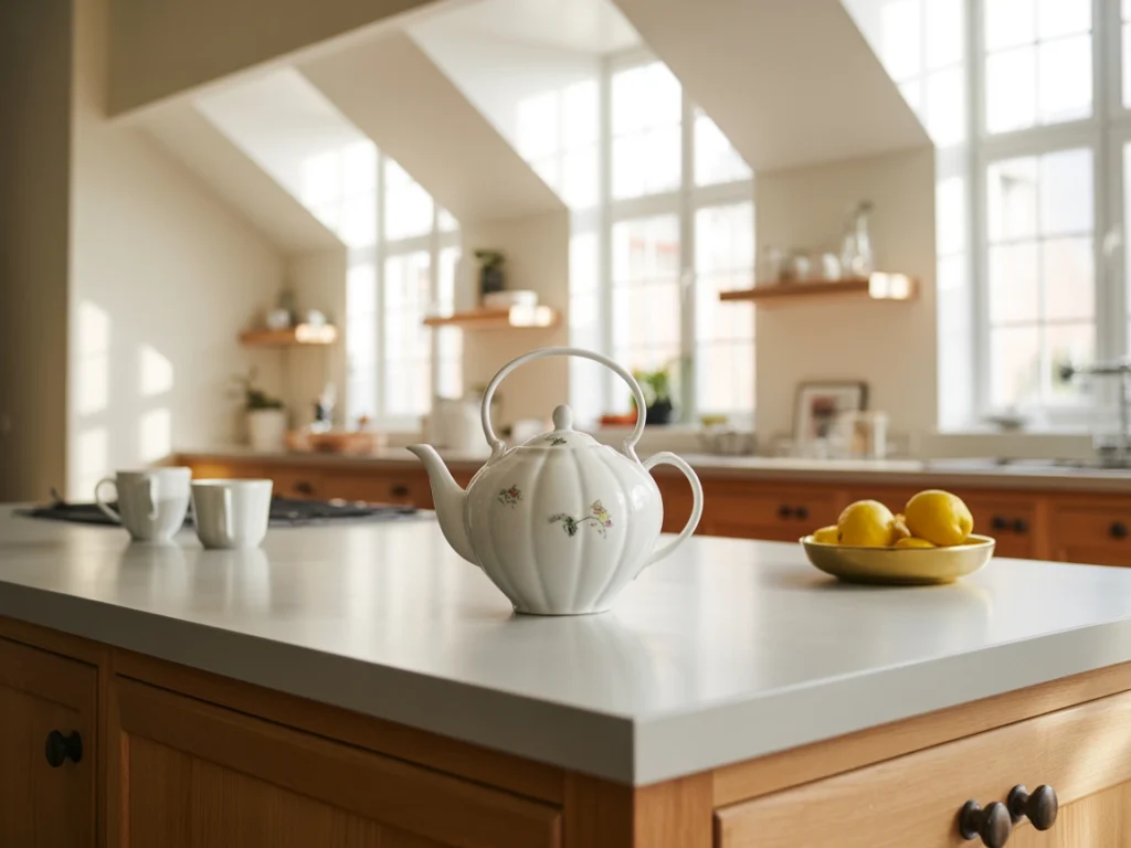 Warm real-life kitchen with white oak cabinets and sloped ceiling letting in natural light