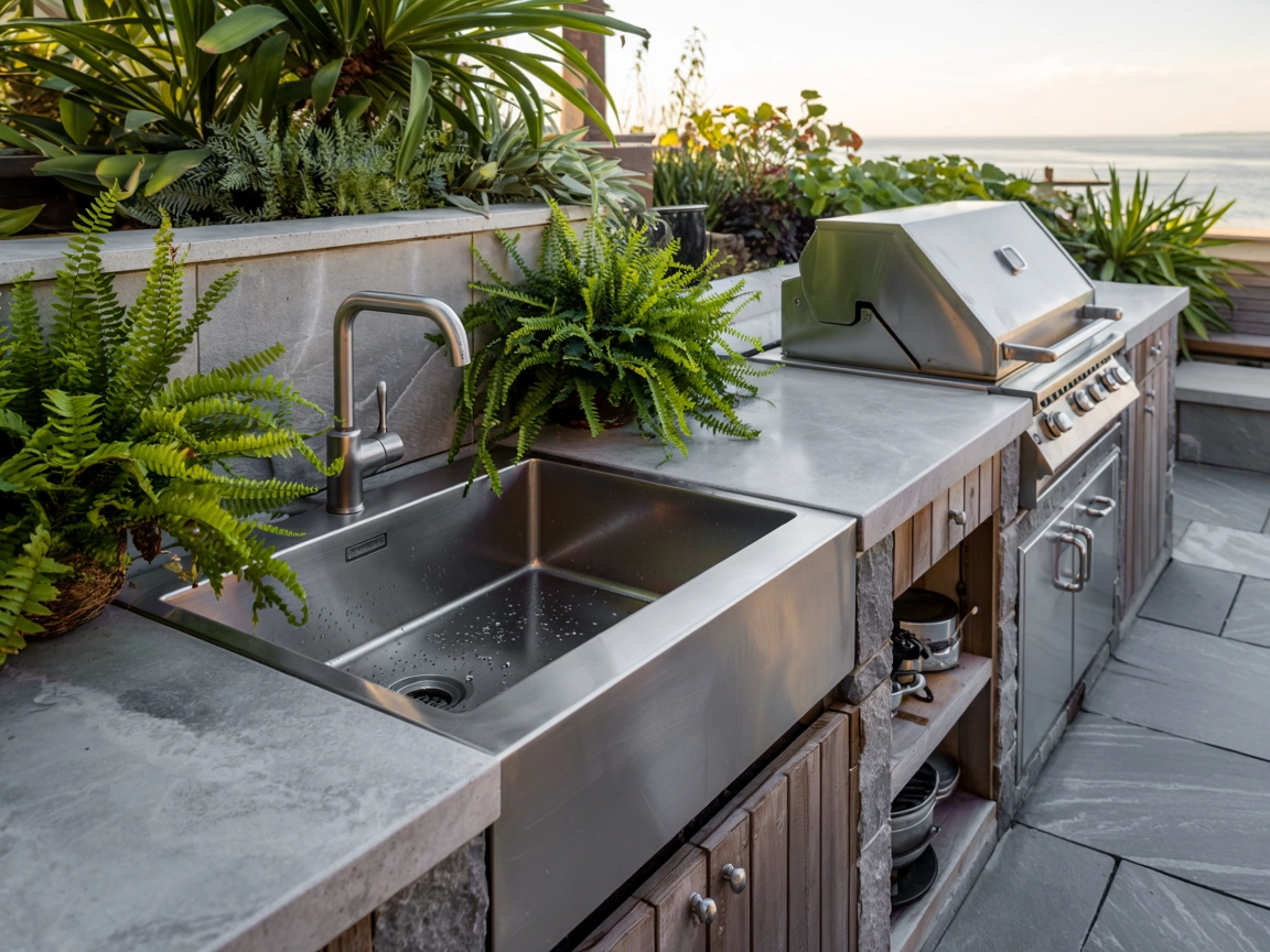 modern outdoor kitchen sink setup with stainless steel and stone elements