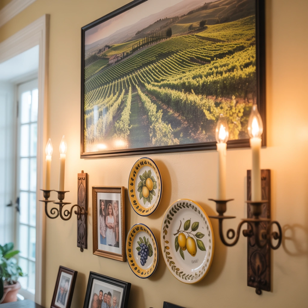Italian living room wall with vineyard print, ceramic plates, and candle sconces
