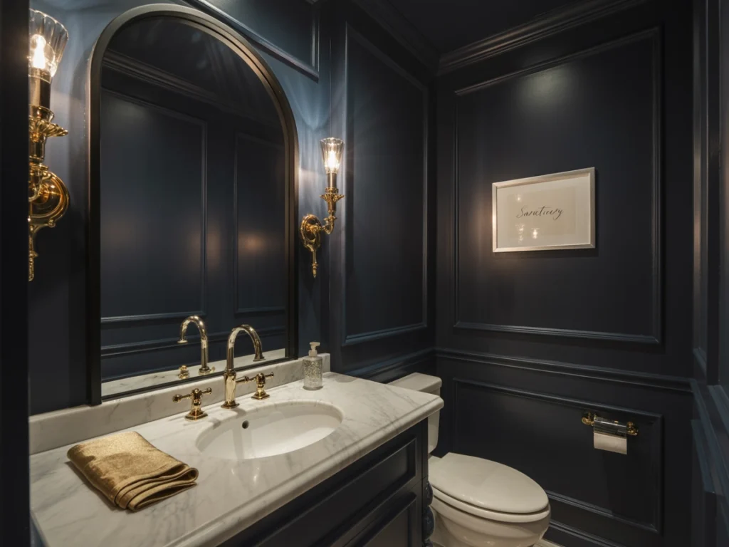 navy powder room dark walls gold fixtures