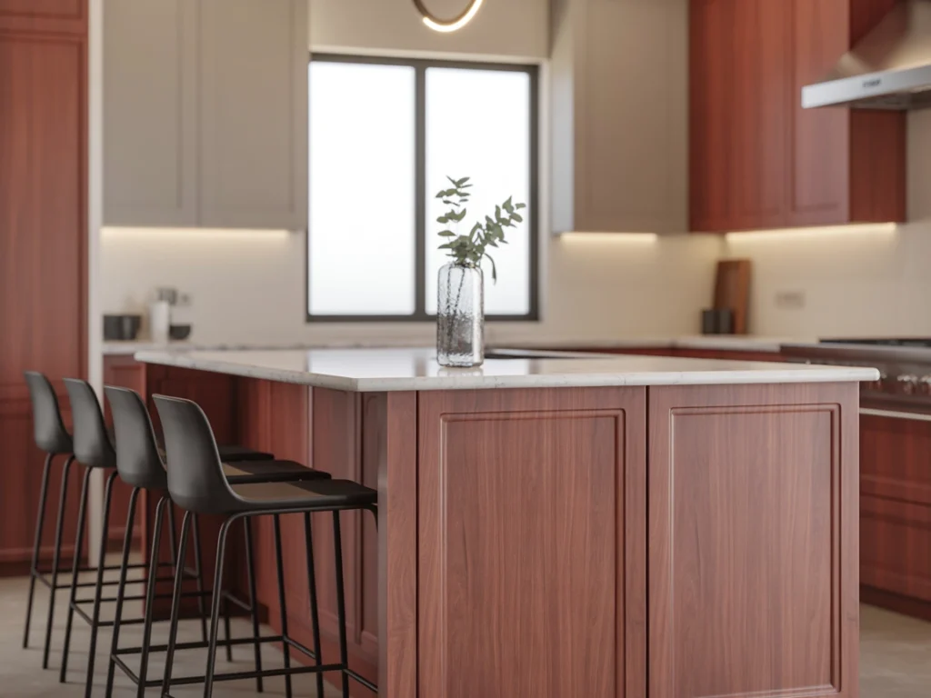 Modern 2025 kitchen with cherry wood cabinets, white quartz countertops, and matte black hardware showing the timeless beauty of natural wood.