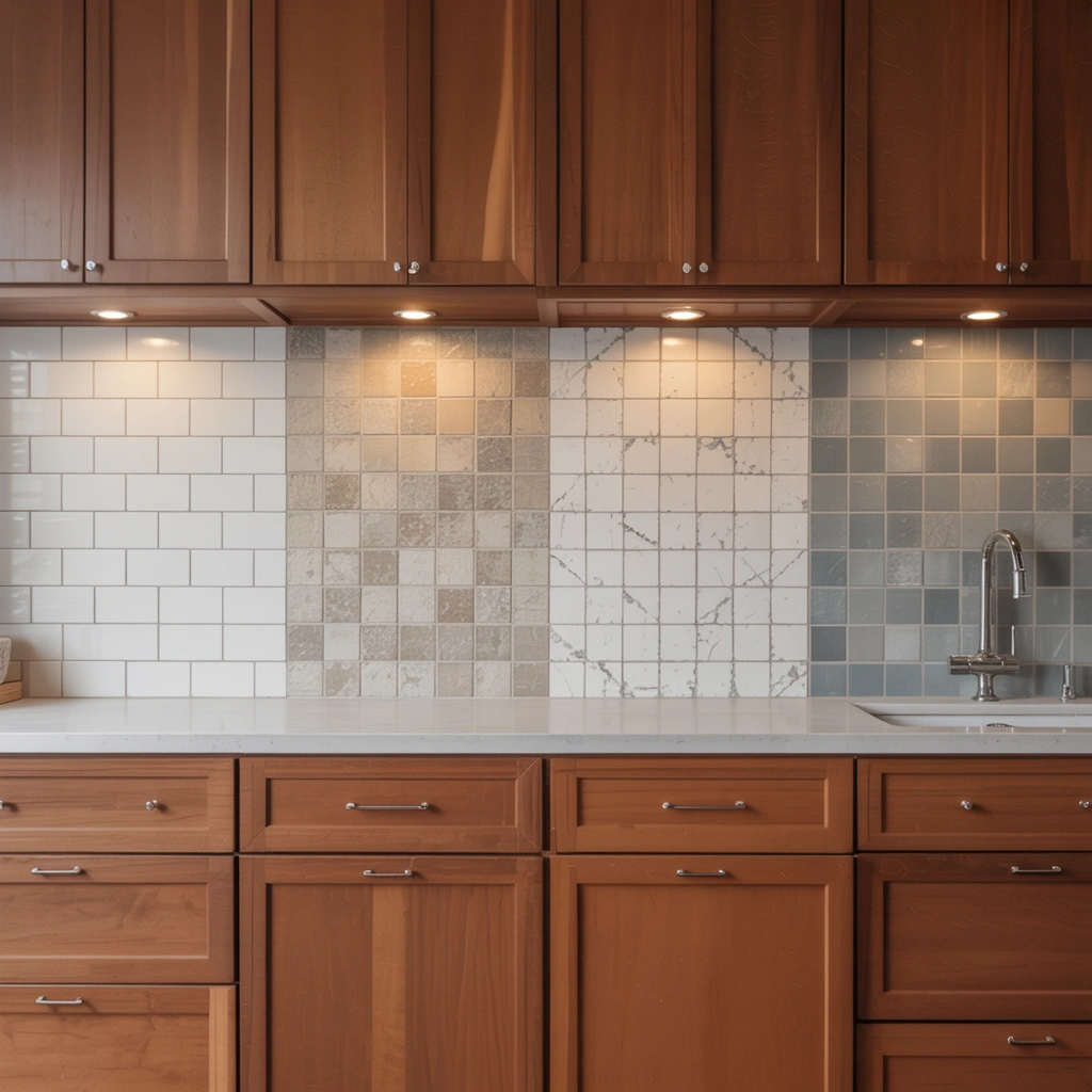 Cherry wood cabinets with white subway, ceramic, marble, and gray tile backsplashes that enhance and modernize the kitchen style.