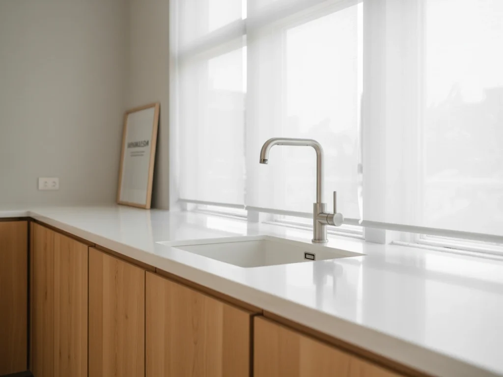 White oak base cabinets paired with minimalist white quartz countertop in Scandinavian-style kitchen