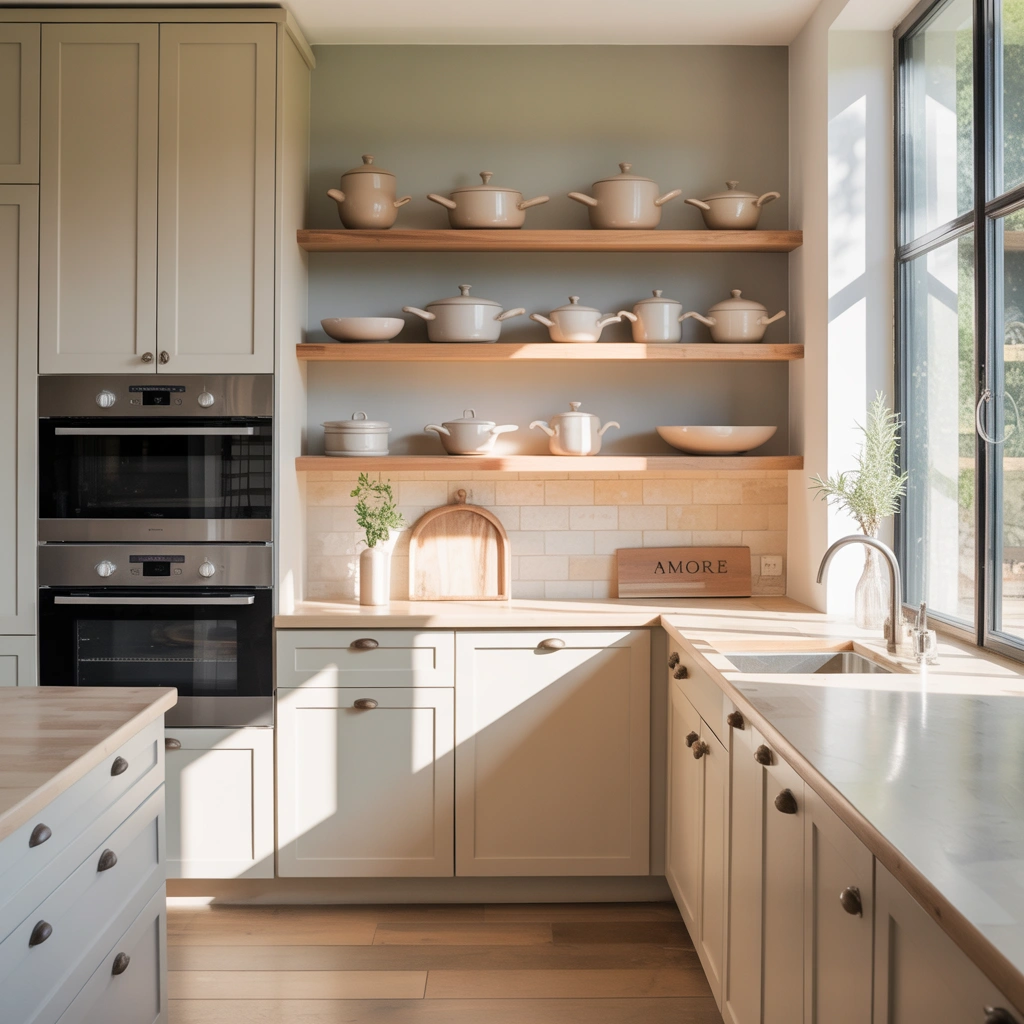 Italian-style kitchen with off-white shaker cabinets, floating shelves, and open layout