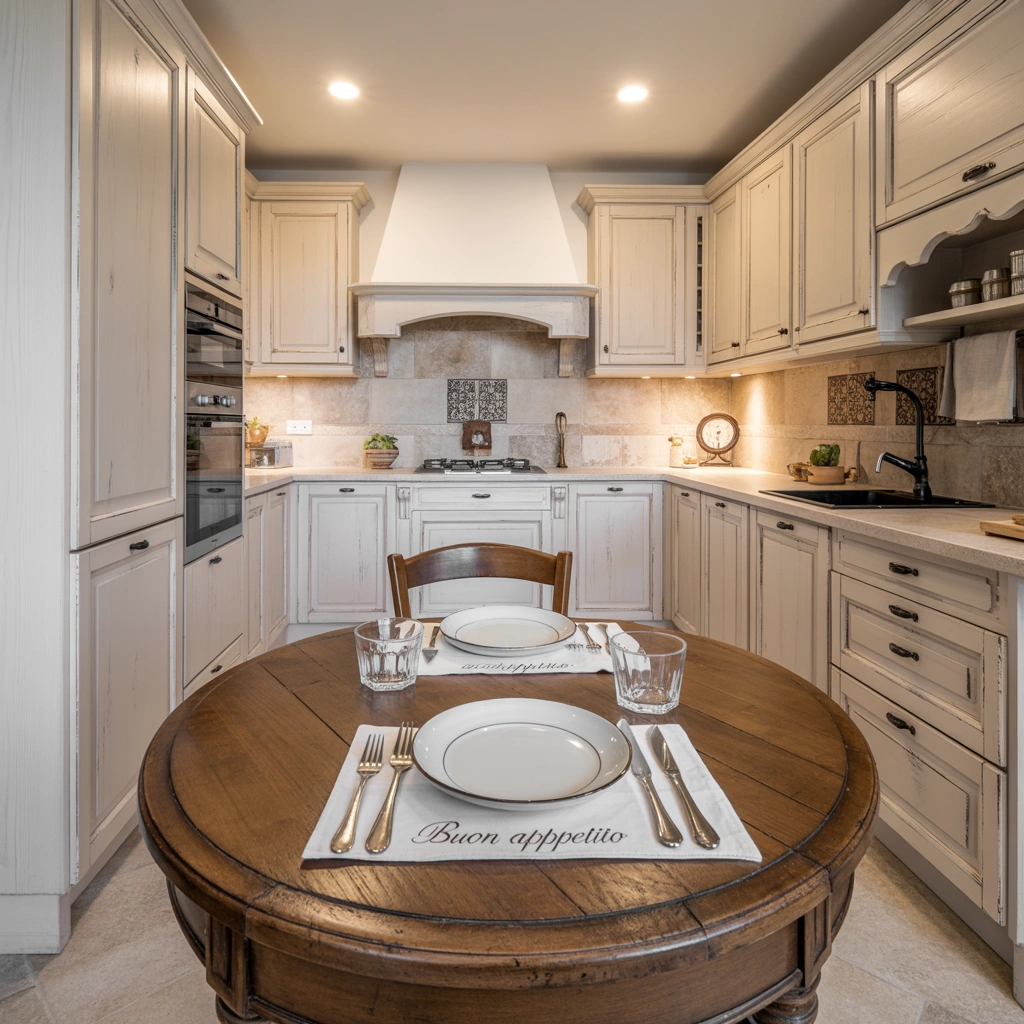 Modern Italian kitchen with white oak cabinets, quartz counters, and antique tiles