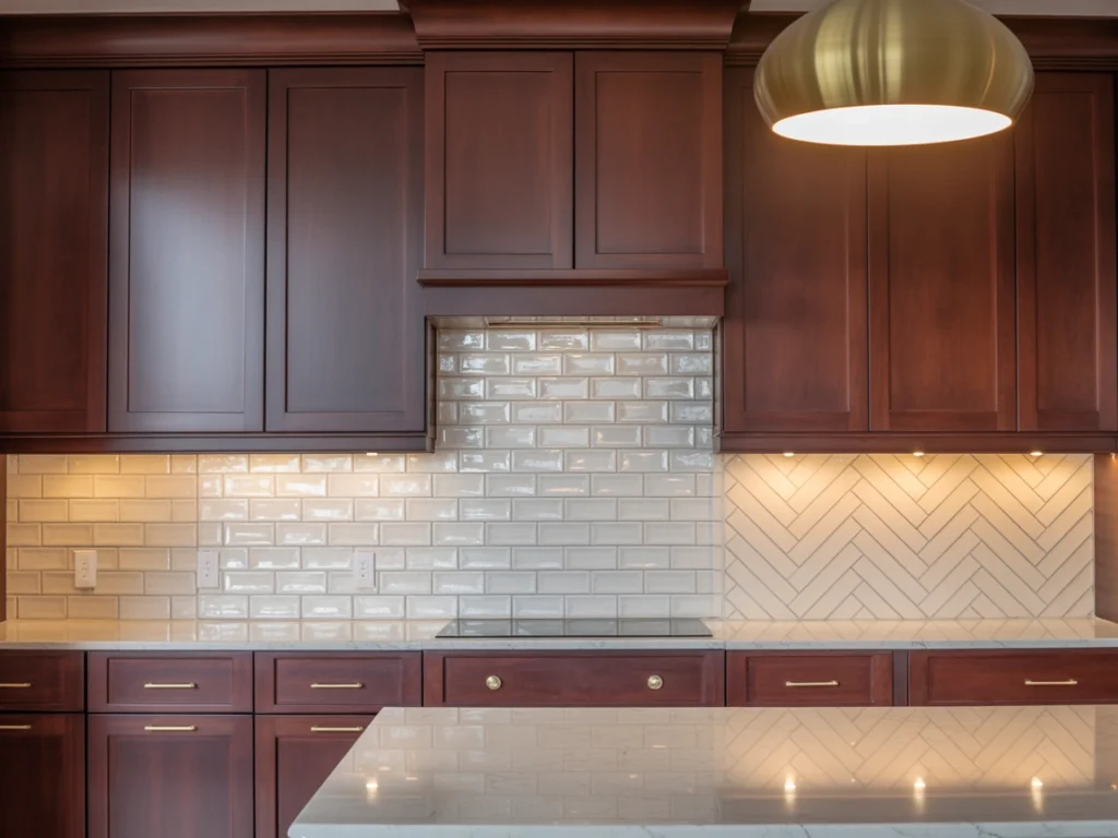 Dark cherry cabinets paired with glossy white, mirror-finish, and creamy herringbone backsplashes to create contrast and visual balance.