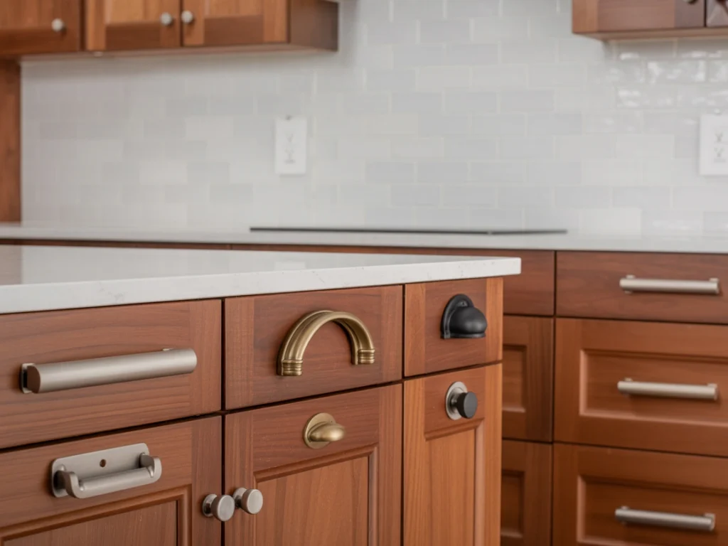 Cherry wood kitchen cabinets updated with modern hardware styles like bar pulls, arched handles, and edge grips for a fresh look.