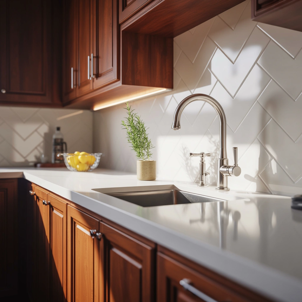Cherry cabinets paired with white countertops in a modern kitchen, showcasing their perfect balance of warmth and brightness.