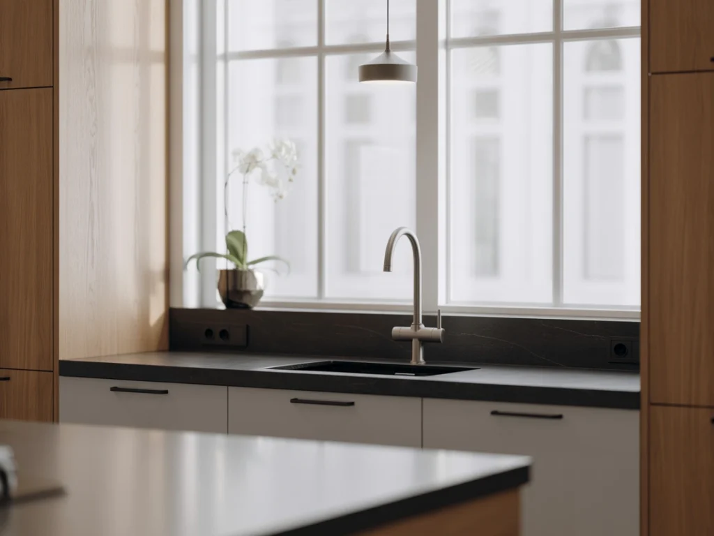 Modern white oak and black kitchen with matte black countertop and minimalist cabinetry design
