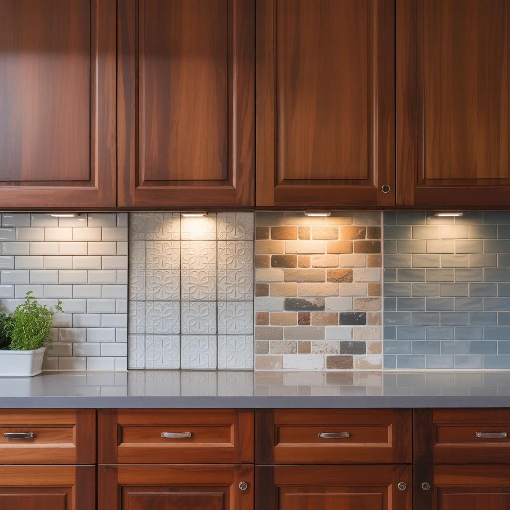 Modern backsplash styles like white subway and ceramic tile paired with cherry wood cabinets to create a fresh, updated kitchen look.