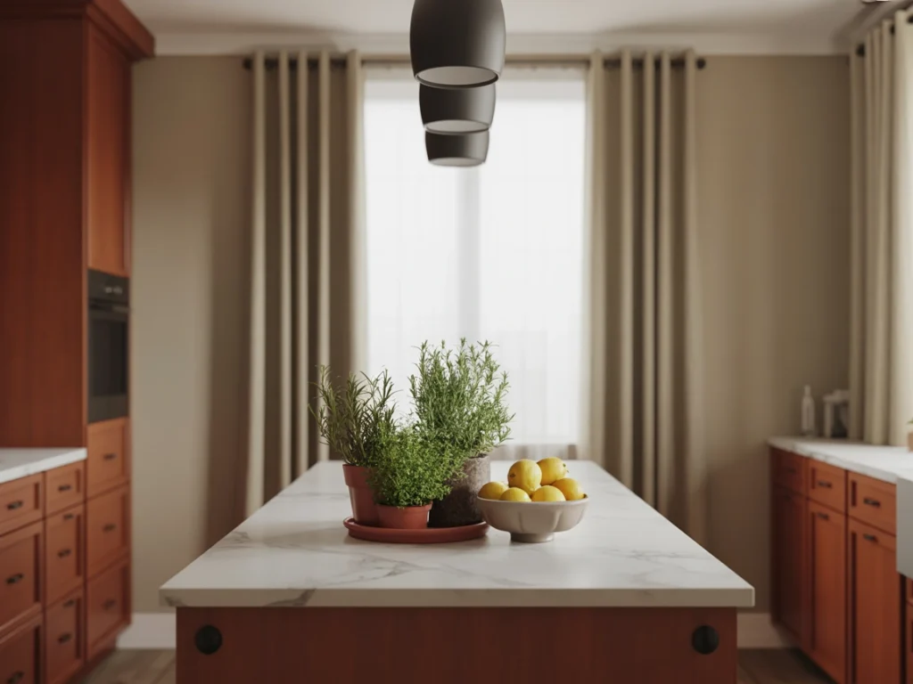 Cherry wood cabinets styled with modern decor like pendant lights, bar stools, and neutral tones for a fresh, balanced kitchen design.”