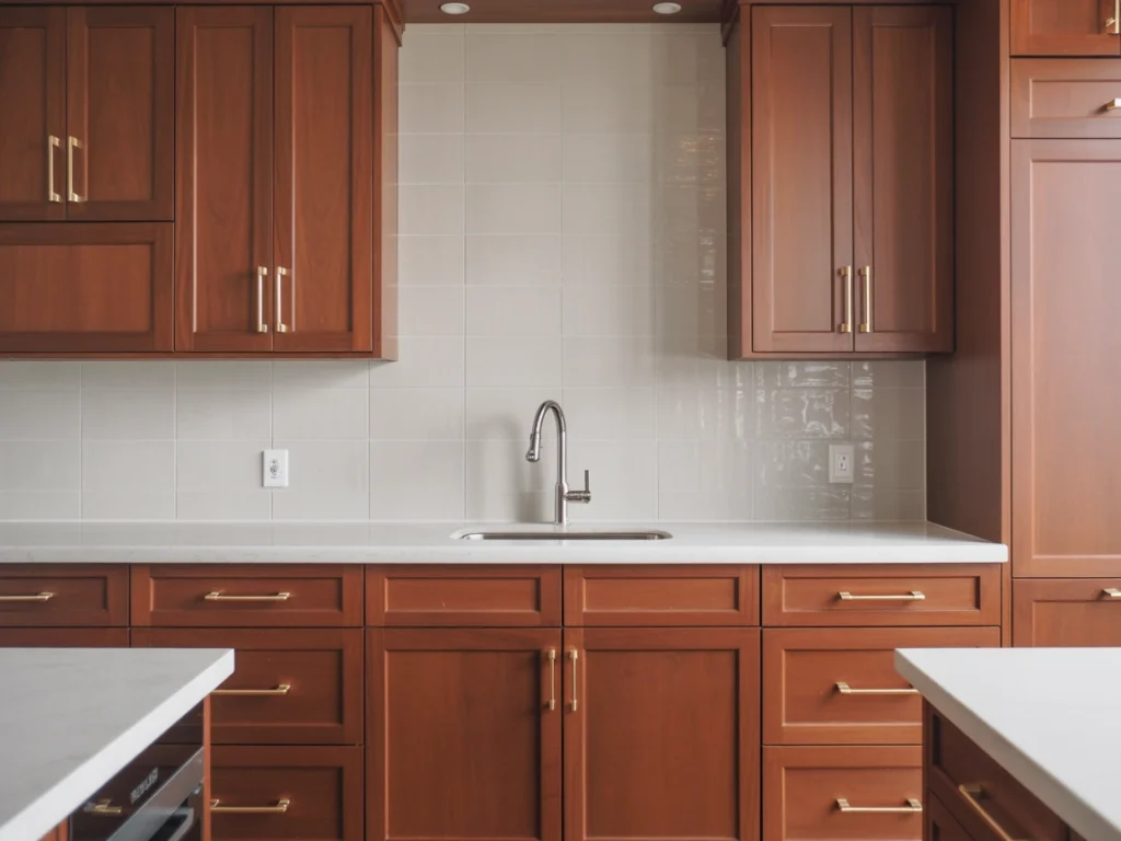 Modern cherry wood kitchen cabinets with white countertops, featuring hardware finishes in black, brass, nickel, and bronze.
