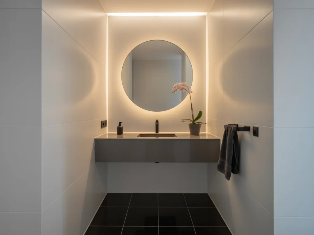 minimalist powder room black white small space