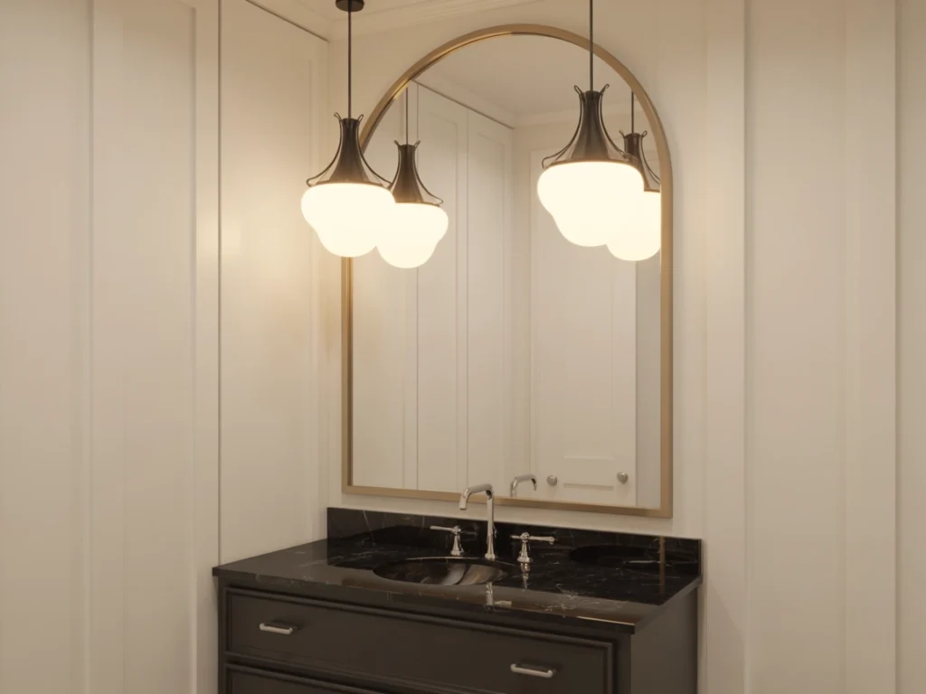 arched mirror powder room brass accent