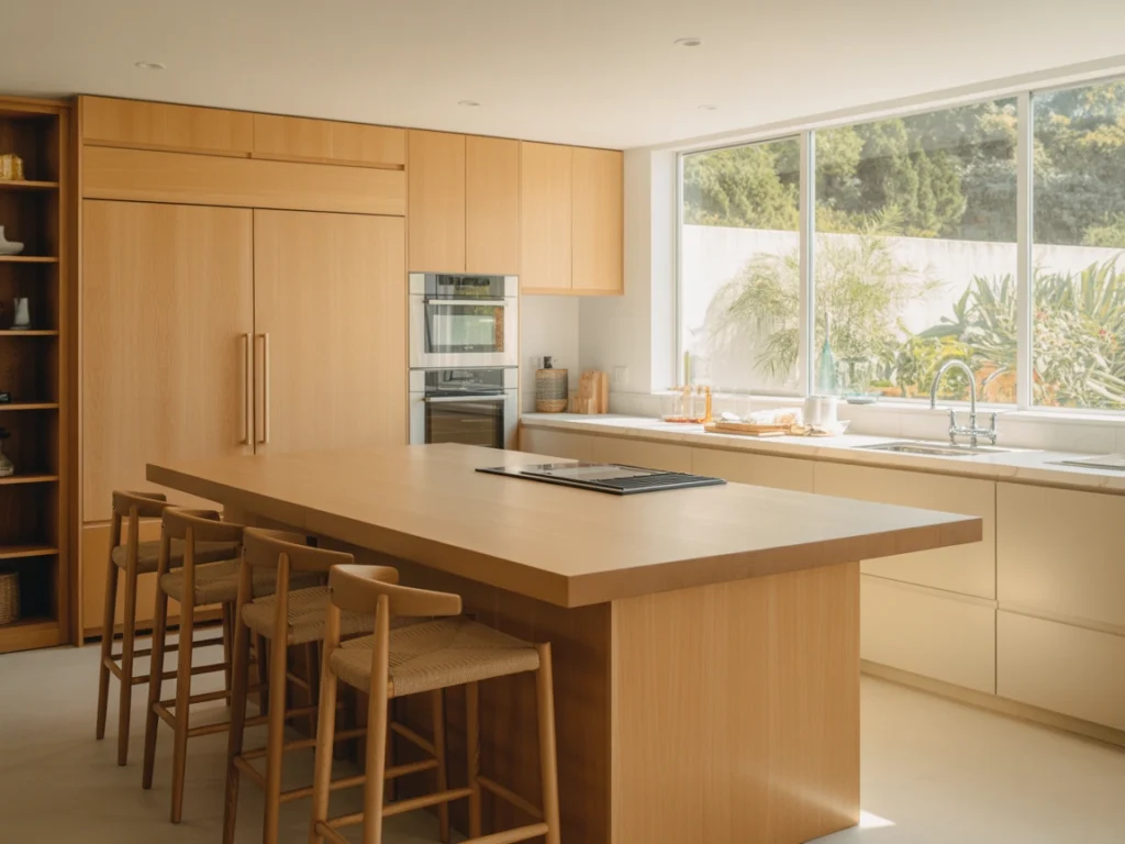 Spacious oak kitchen with island, bar stools, and floor-to-ceiling windows
