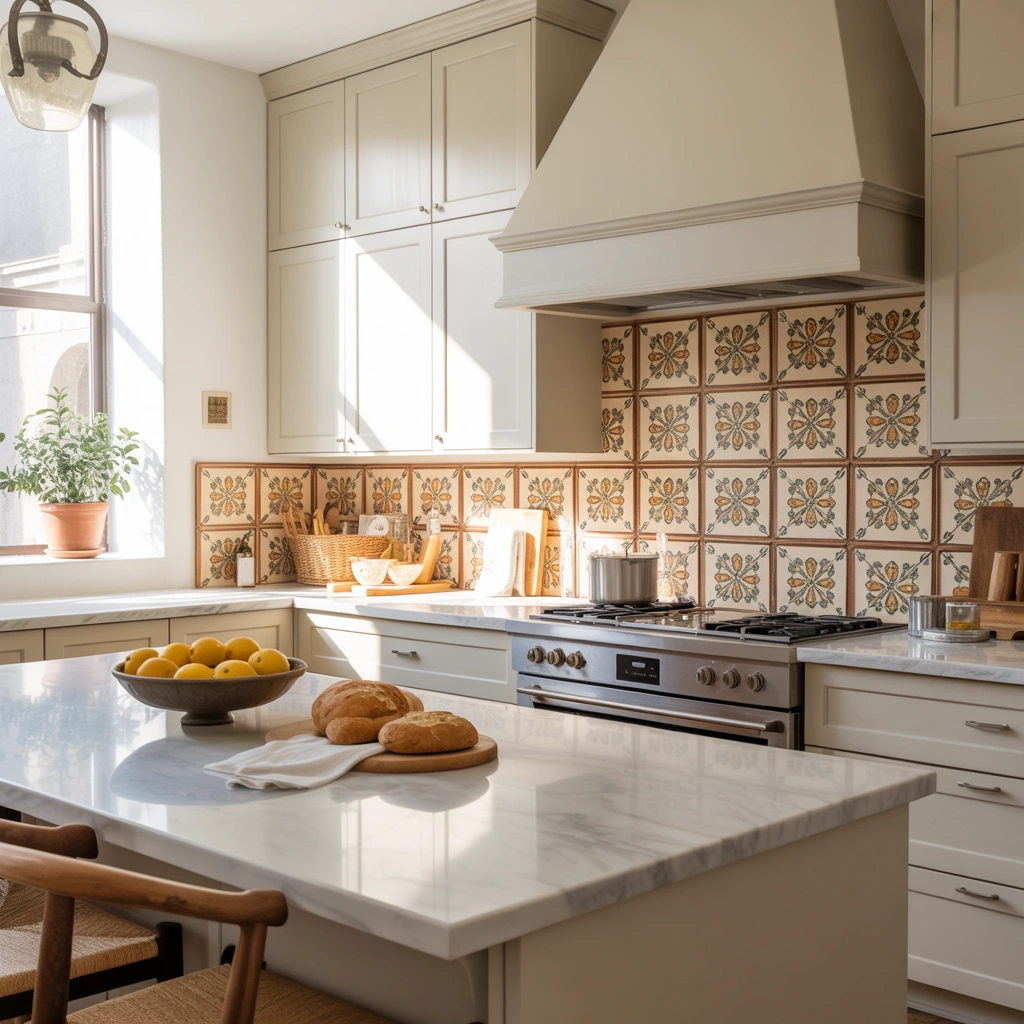 New York loft kitchen with sage green cabinets and antique Tuscan table in Italian style