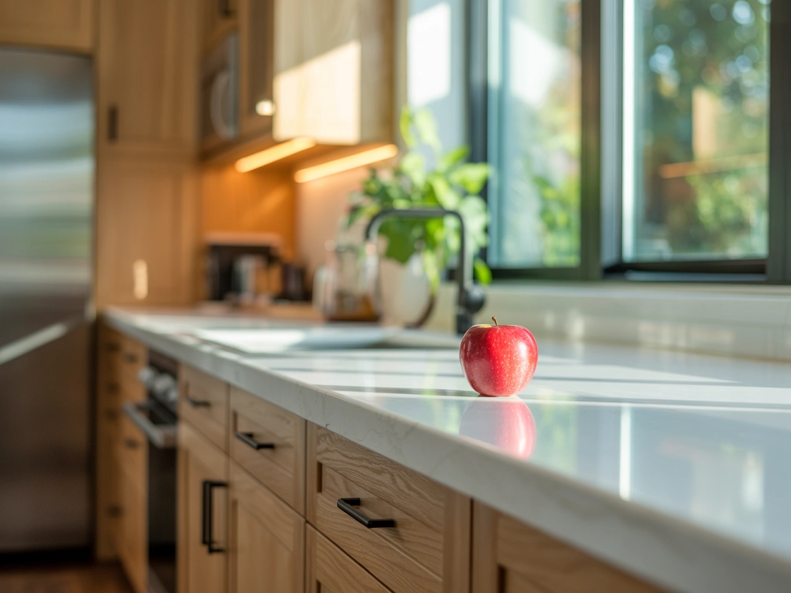 Modern white oak kitchen cabinet with sleek countertop and natural lighting, showcasing minimalist decor.