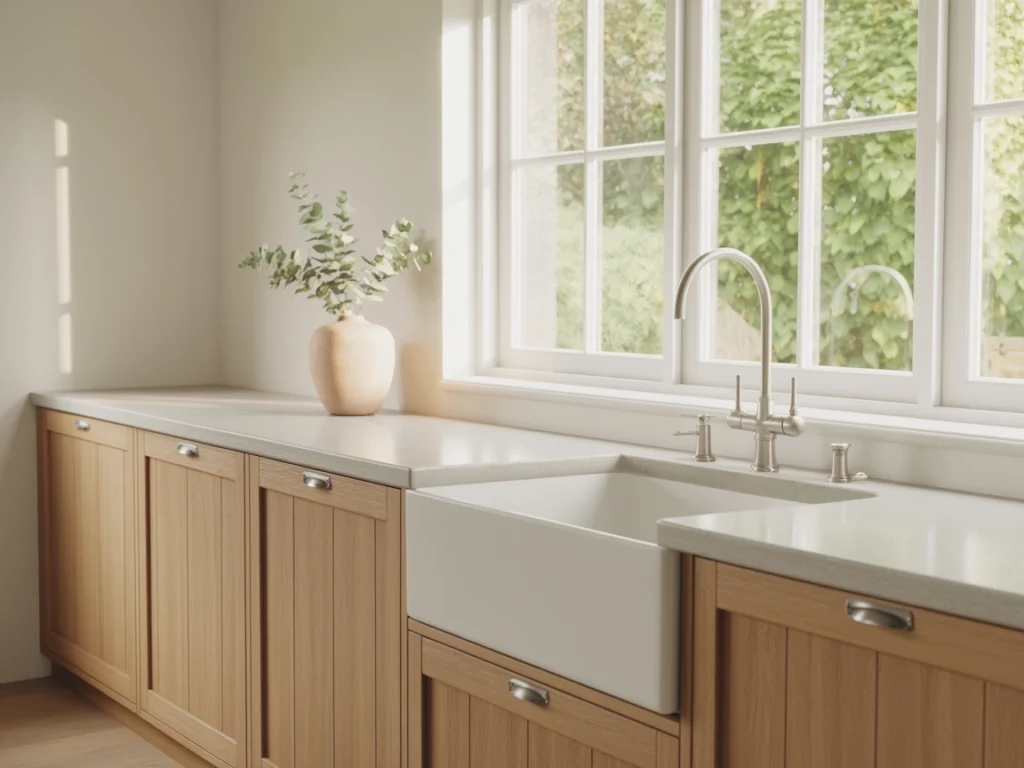 Farmhouse kitchen with raw white oak cabinets and apron sink under bright windows"
