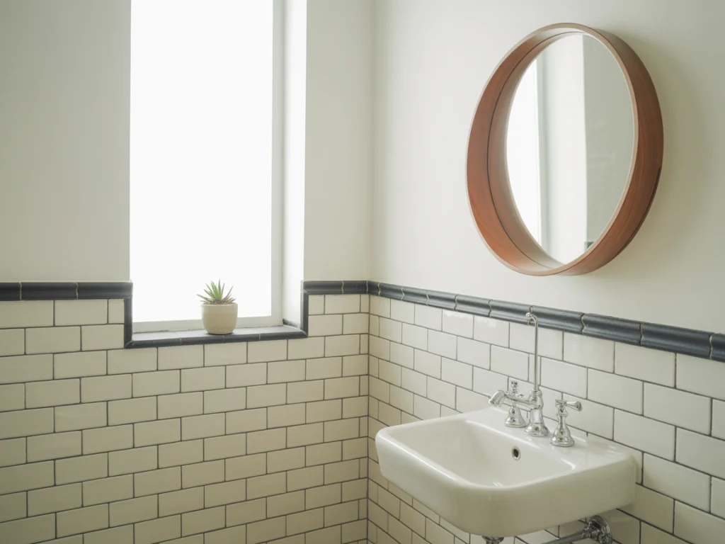 tile wall powder room subway small bathroom