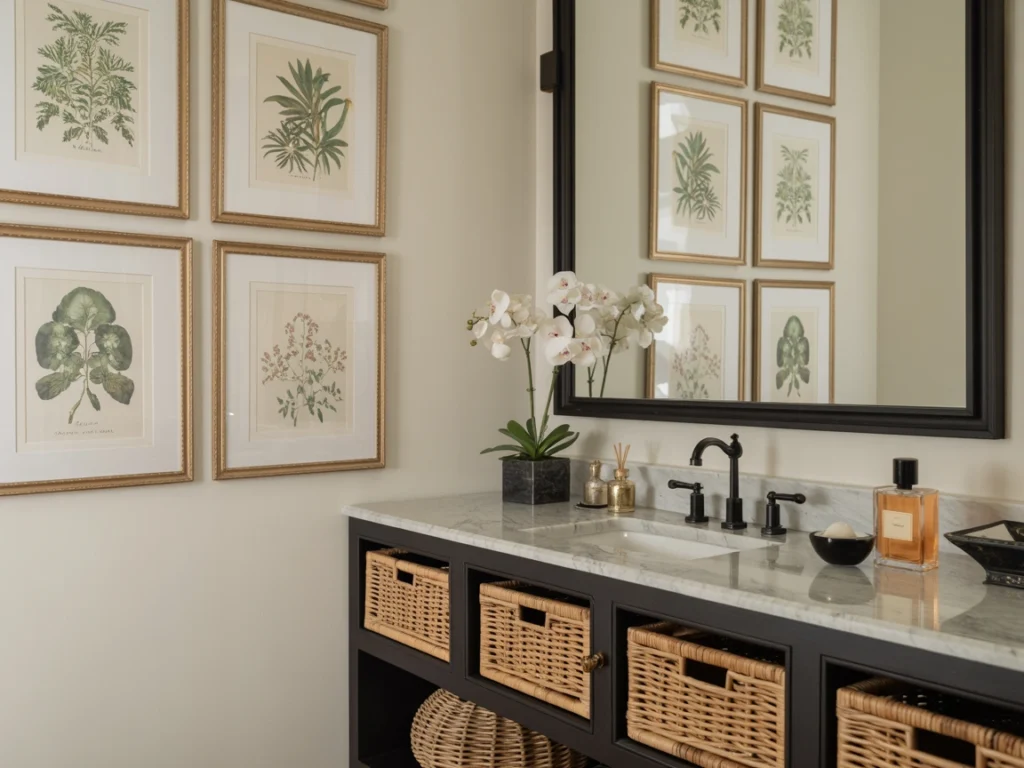 powder room framed art small bathroom idea