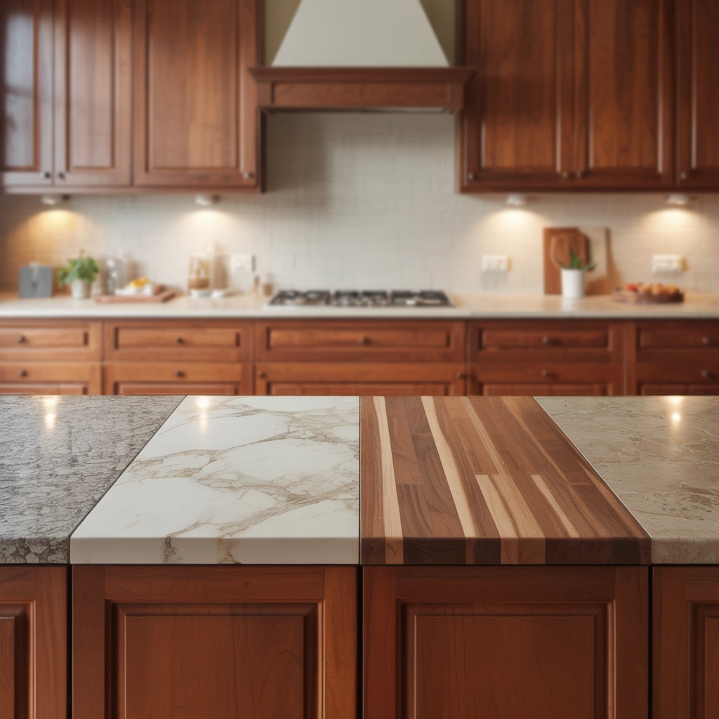 Cherry wood cabinets paired with granite, marble-look, butcher block, and quartzite countertops to show bold and subtle style options.