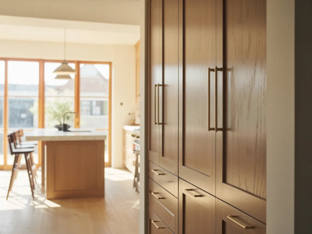 Slim shaker white oak kitchen cabinets with inset design and vertical brass handles in a bright open-plan layout.