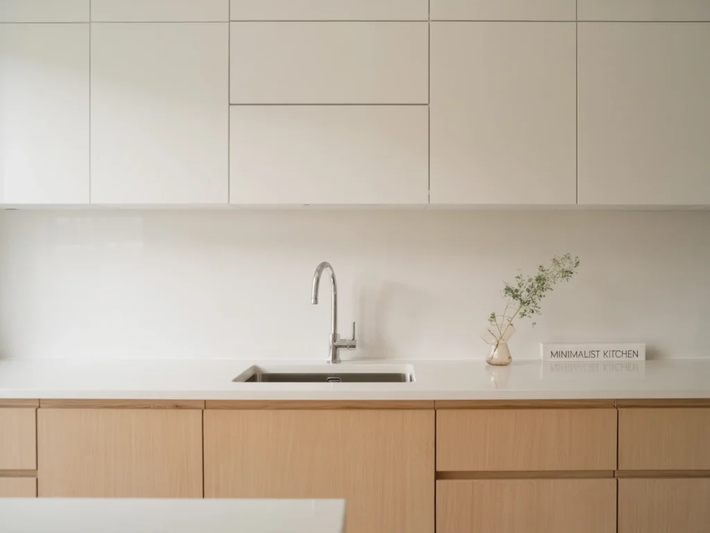 Minimalist kitchen with white uppers and natural white oak base cabinets