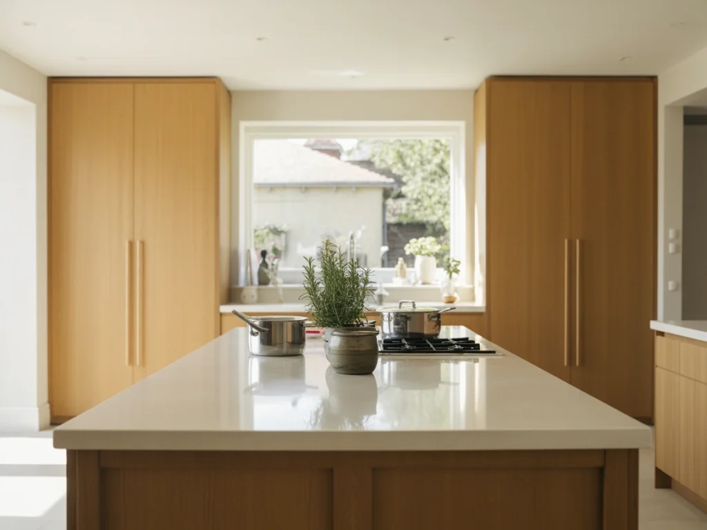 Modern kitchen with tall white oak cupboards and central island