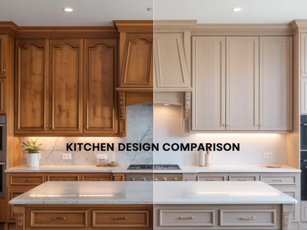 Split image showing traditional vs. modern white oak kitchen cabinets"