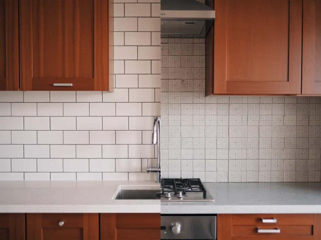 Cherry kitchen cabinets with white subway and patterned tiles, showing modern and stylish backsplash ideas for a refreshed look.